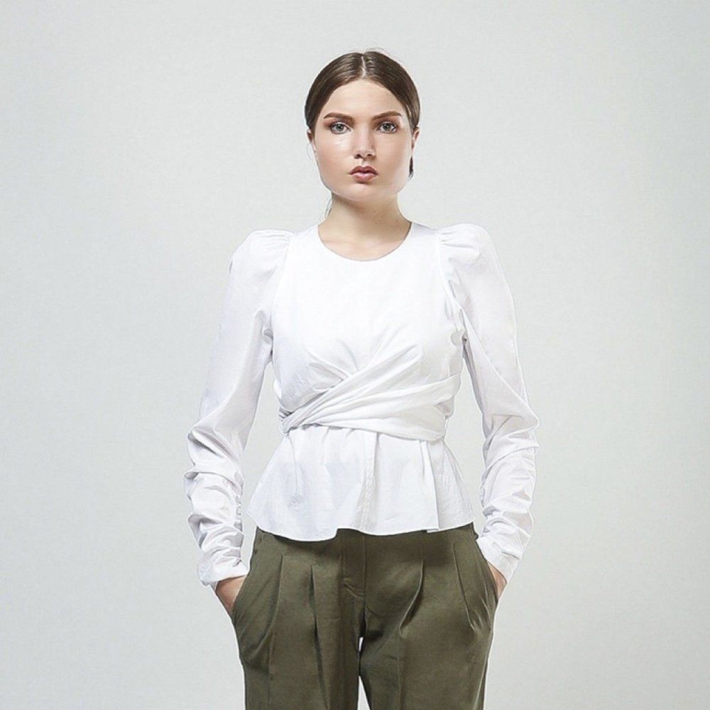 NWT A.L.C. White cotton tie wrap front long ruched princess sleeve blouse shirt